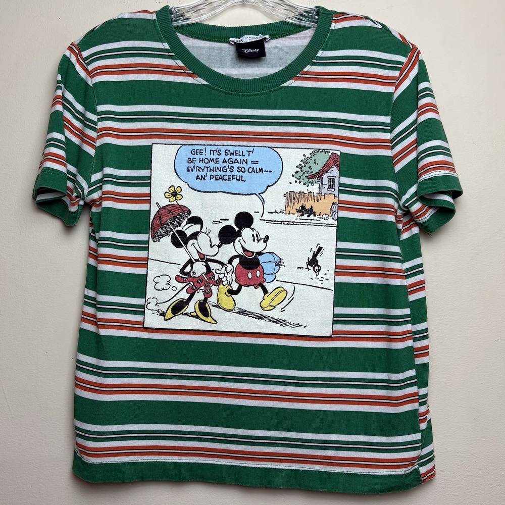 Zara Disney Mickey Minnie Mouse Striped‎ Comic Graphic Tee Green Orange Size M